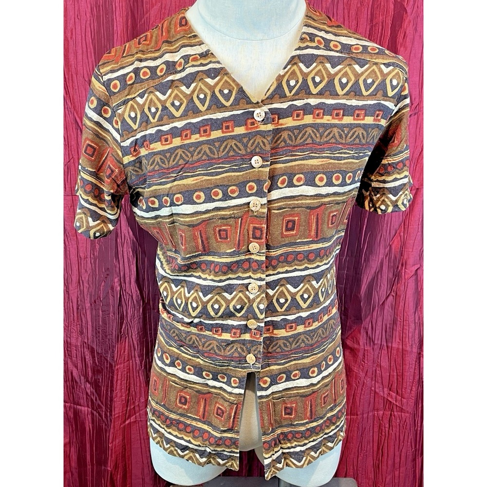 Marla Kim Brown Silk  Abstract Design SS Casual Shirt sz Lg